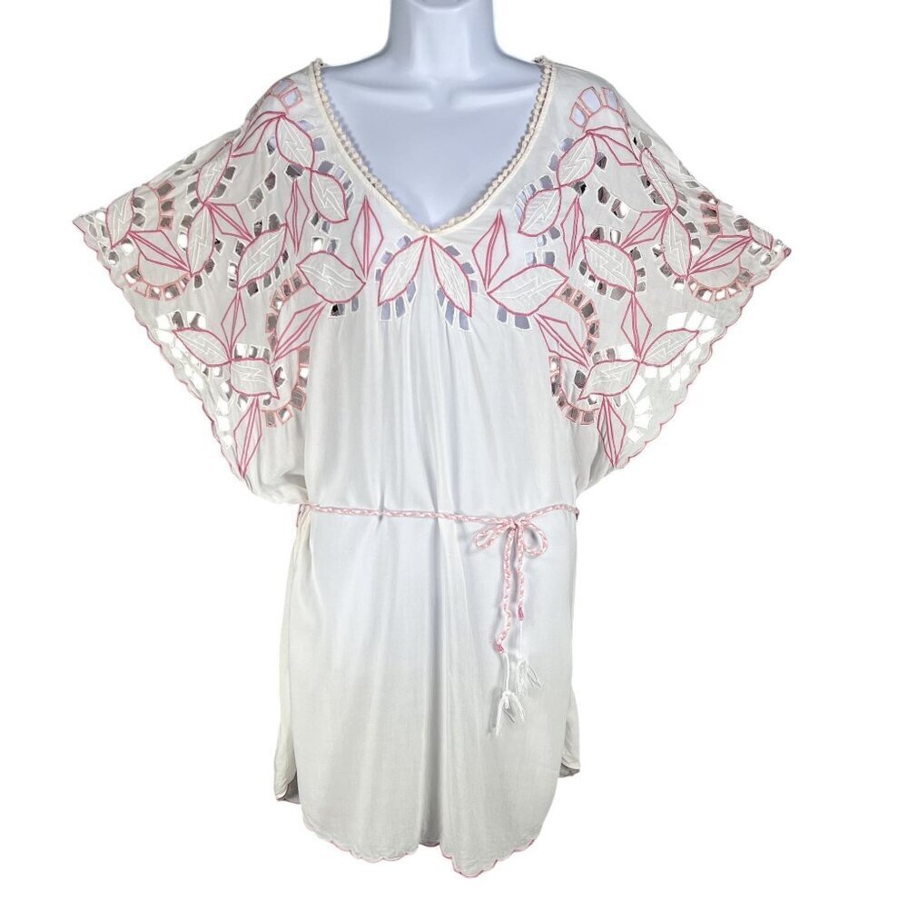 Trina Turk Womens L/XL Lahaina Embroidered Dress White Pink Cover Up Beachy Boho